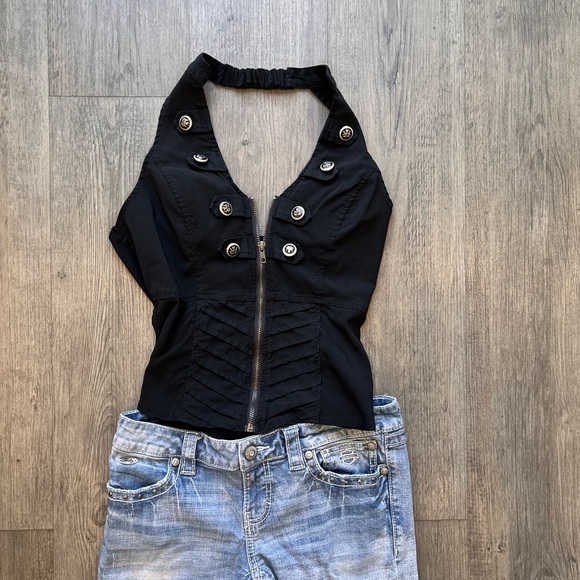 Black zip front backless halter top. military button details. Stretch fabric. - Picture 3 of 16